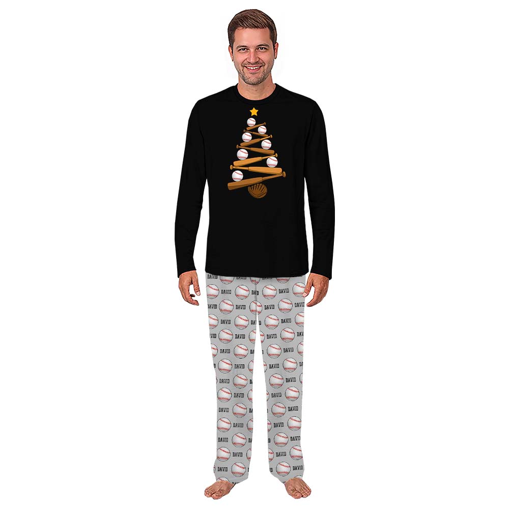 Baseball Christmas Tree Dog And Family Matching Pajamas With Custom Name 4